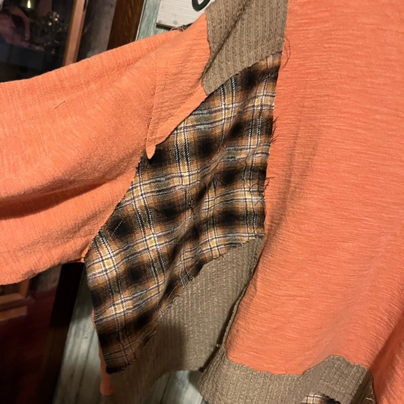POL Orange and Brown Plaid V-Neck Patchwork Top - Picture 3 of 5